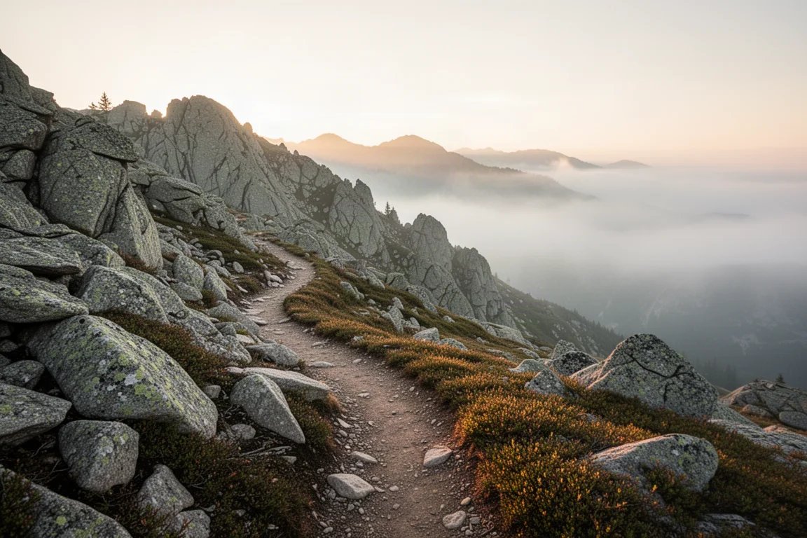 Sentiero escursionistico alpino roccioso all'alba con nebbia bassa nella valle