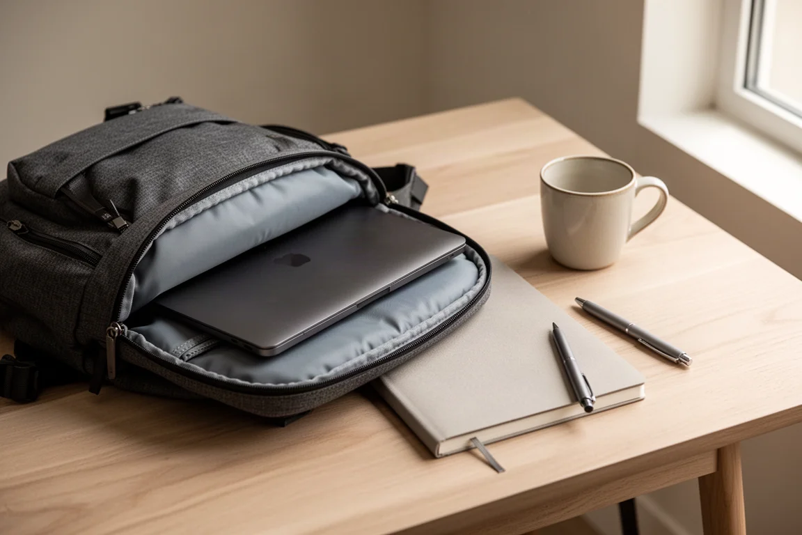 Zaino da giorno su una scrivania di legno con un laptop in una tasca imbottita e un quaderno
