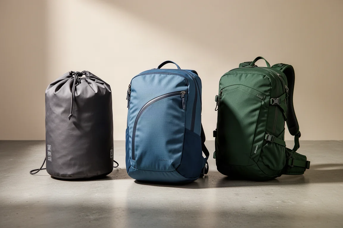 Three outdoor daypacks arranged on a matte concrete surface in soft studio light