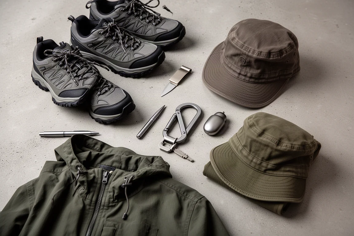 Flat lay z ośmioma akcesoriami outdoorowymi i EDC na betonowej powierzchni