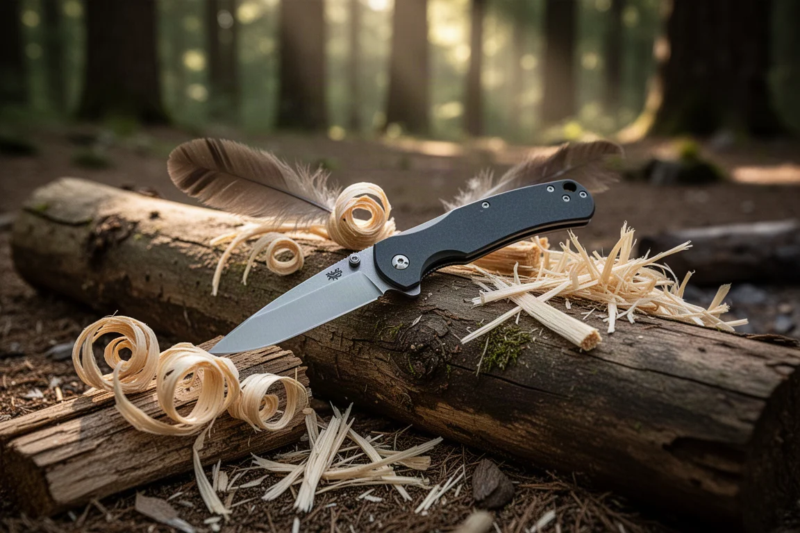 Couteau pliant posé sur une bûche patinée à côté de copeaux de bois d'allumage