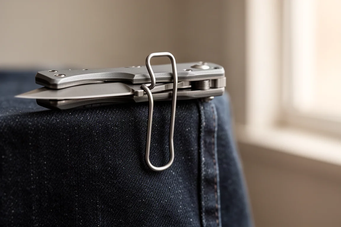 Clip de poche métallique d'un couteau pliant accroché à un tissu en denim sombre