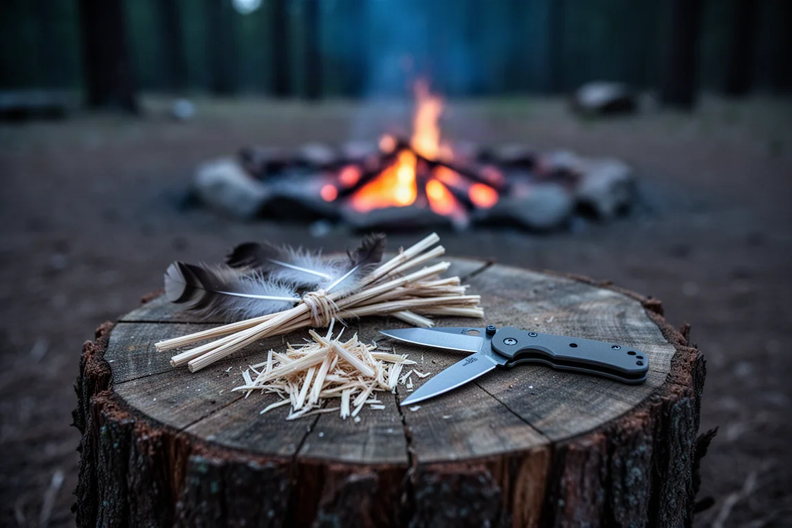 Scène de préparation de feu de camp avec du petit bois et un couteau pliant sur une souche
