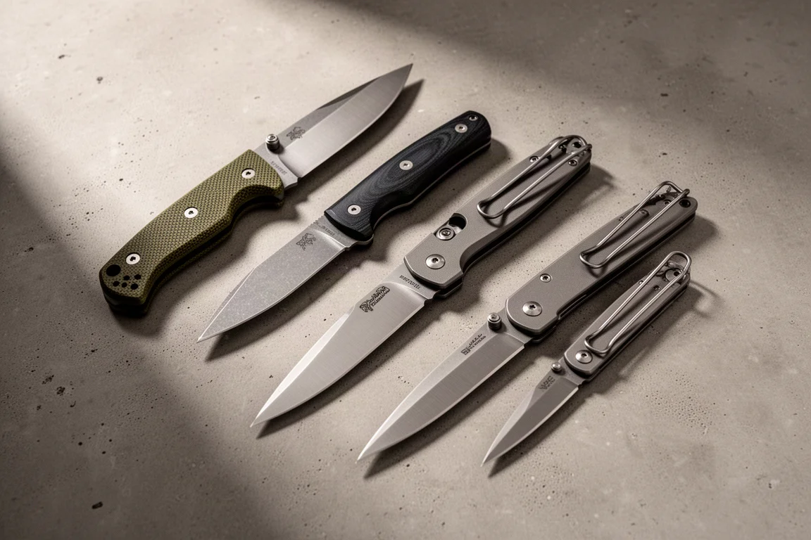 Assorted fixed blade and folding outdoor knives arranged on a matte concrete surface