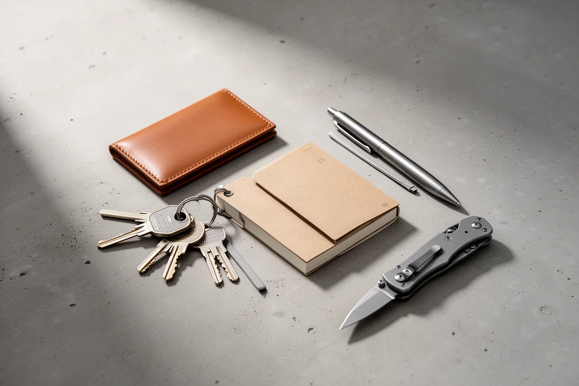 Draufsicht auf flach ausgelegte Everyday-Carry-Gegenstände auf einer Betonfläche