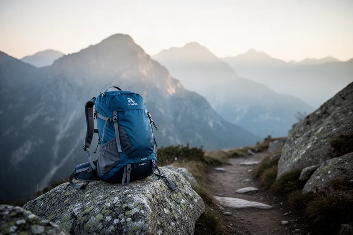 Leichter Wanderrucksack auf einem Granitfelsen neben einem Bergpfad