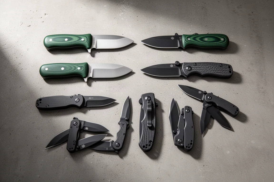 Eight fixed-blade and folding knives arranged on a matte concrete surface