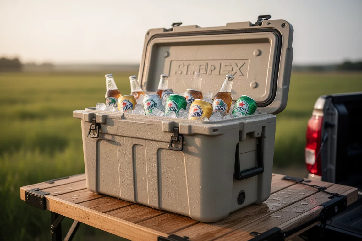 Cooler packed with ice and drinks on a tailgate table in warm afternoon light