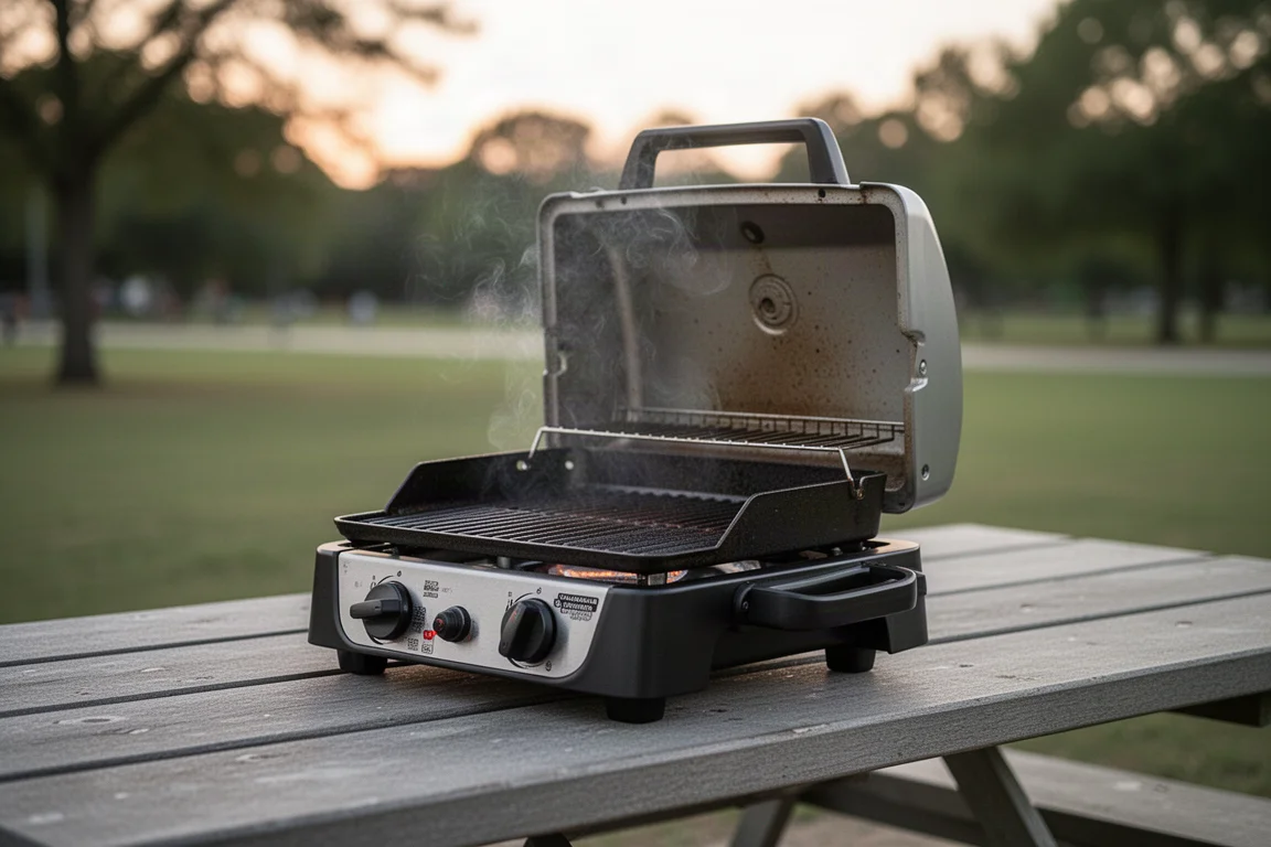 Portable gas grill preheating on a picnic table with faint heat shimmer