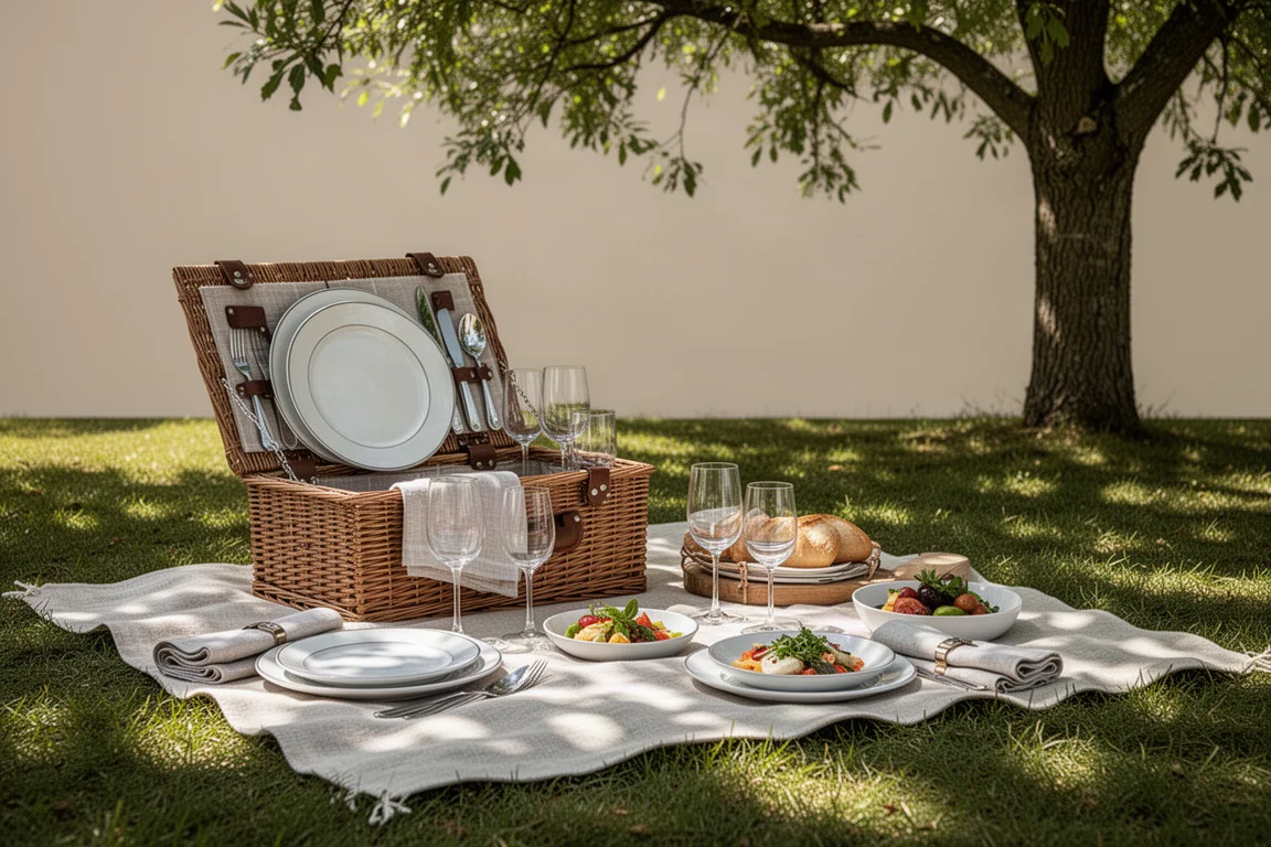 Picnic blanket spread under a tree with a packed basket and glasses