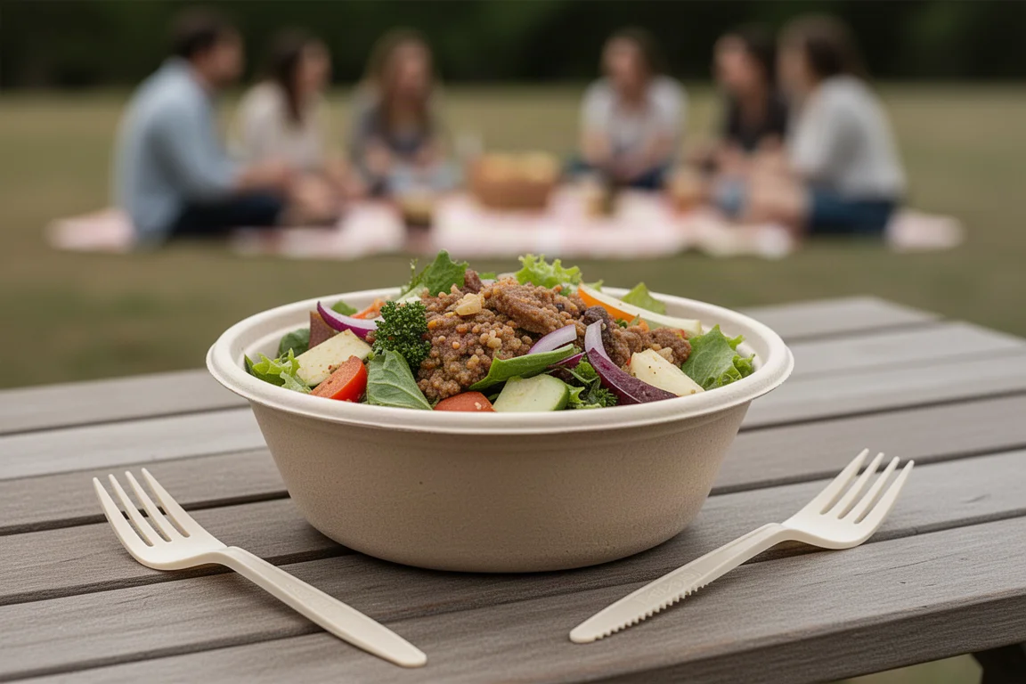 Sturdy disposable bowl holding a loaded salad at an outdoor table