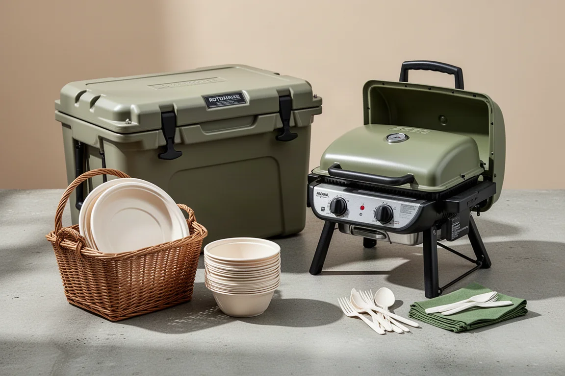 Outdoor entertaining gear collection with cooler, portable grill, picnic basket and bowls on concrete