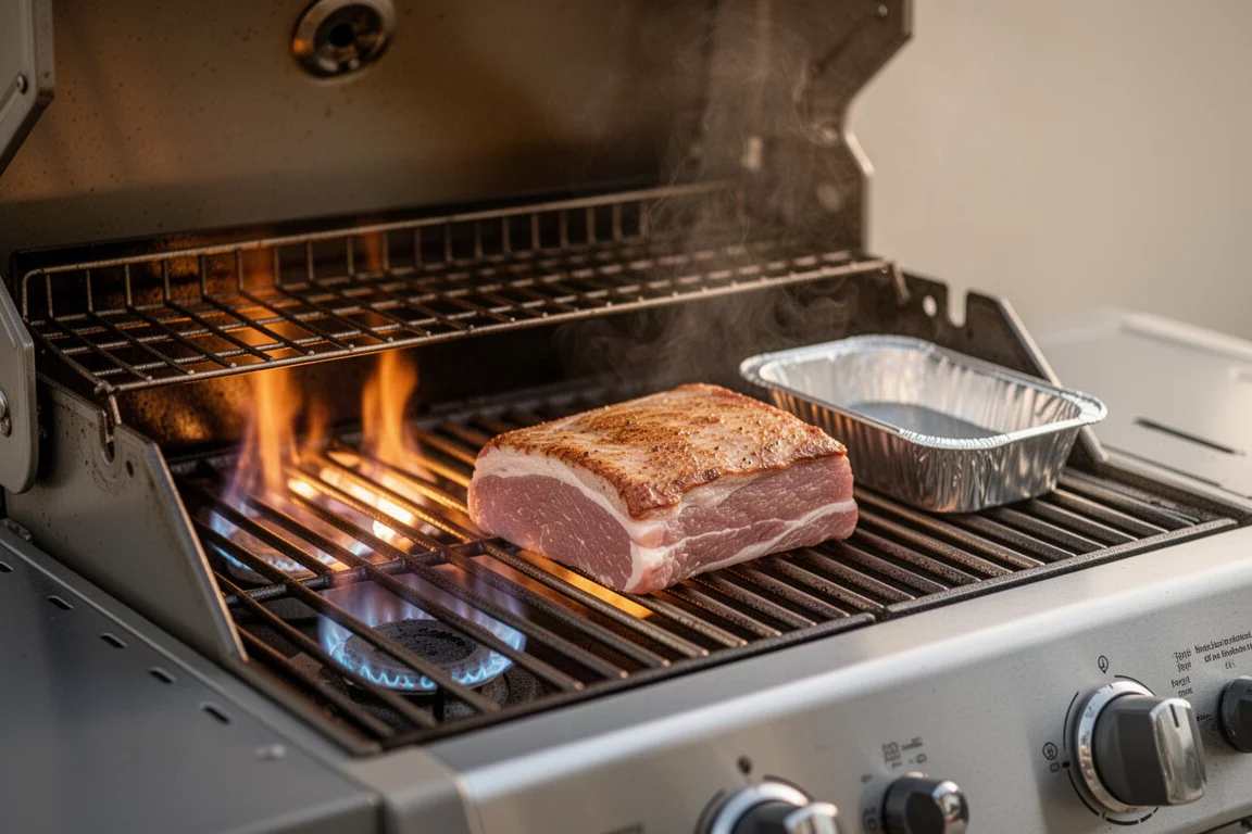 Cottura su grill a gas con calore indiretto e una vaschetta d'acqua all'interno del grill