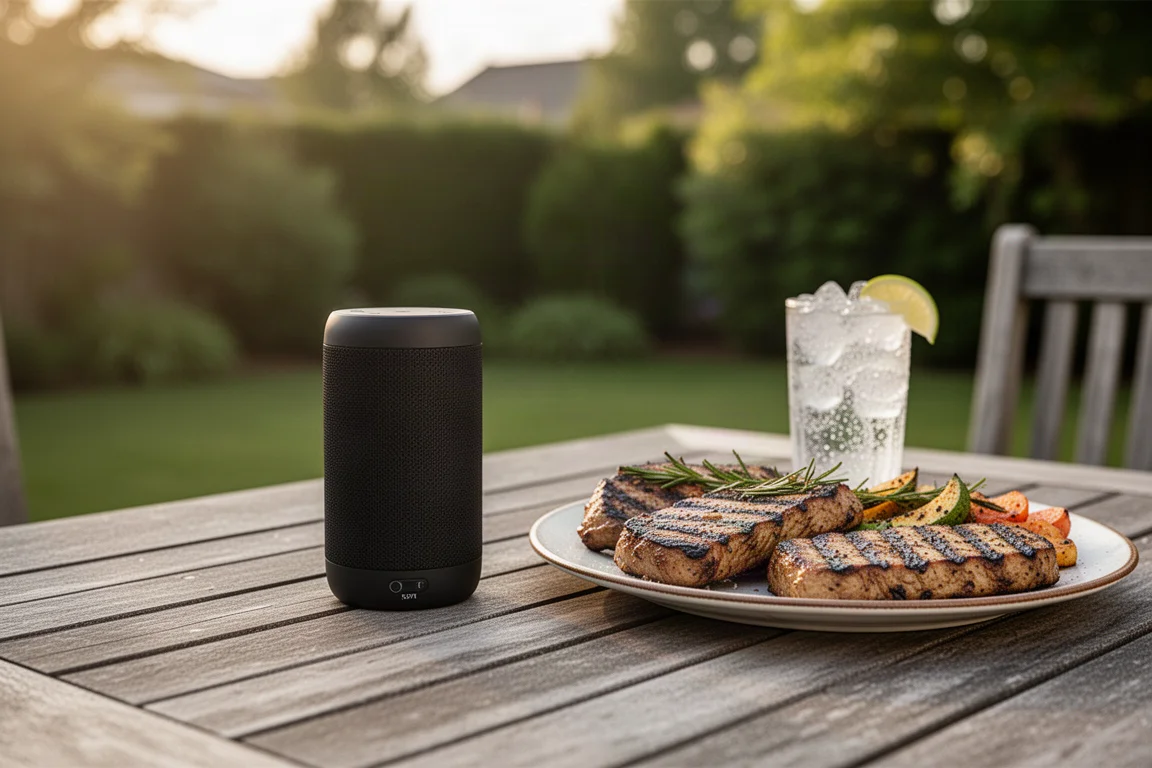 Cassa Bluetooth cilindrica su un tavolo da patio accanto a un piatto di cibo grigliato
