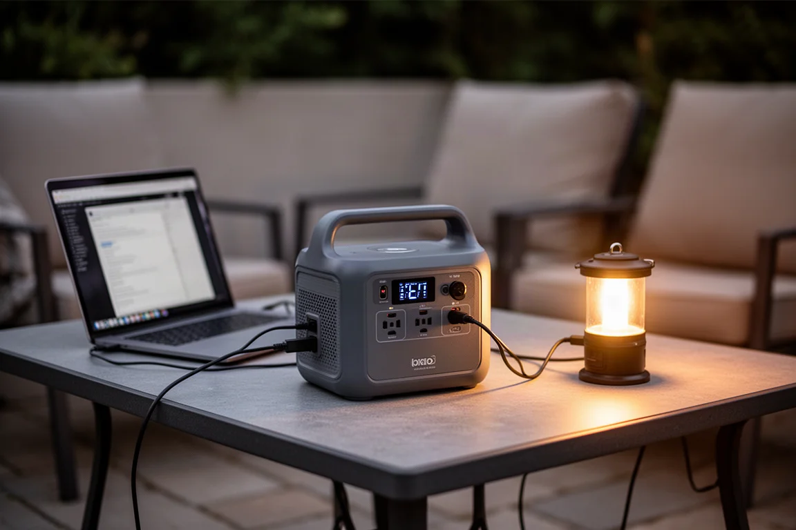 Power station portatile che alimenta un laptop e una luce su un tavolo outdoor