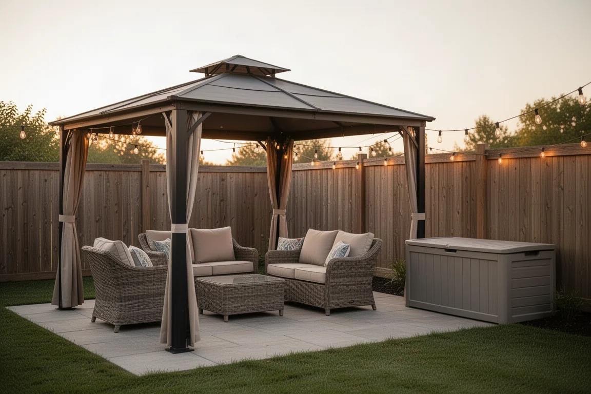 Patio da giardino con gazebo ombreggiante, sedute e box contenitore disposti per un raduno