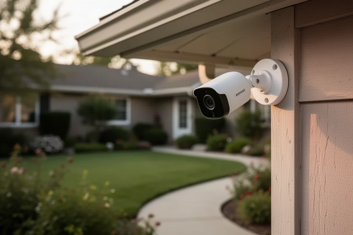 Security camera mounted on a house wall above a front porch