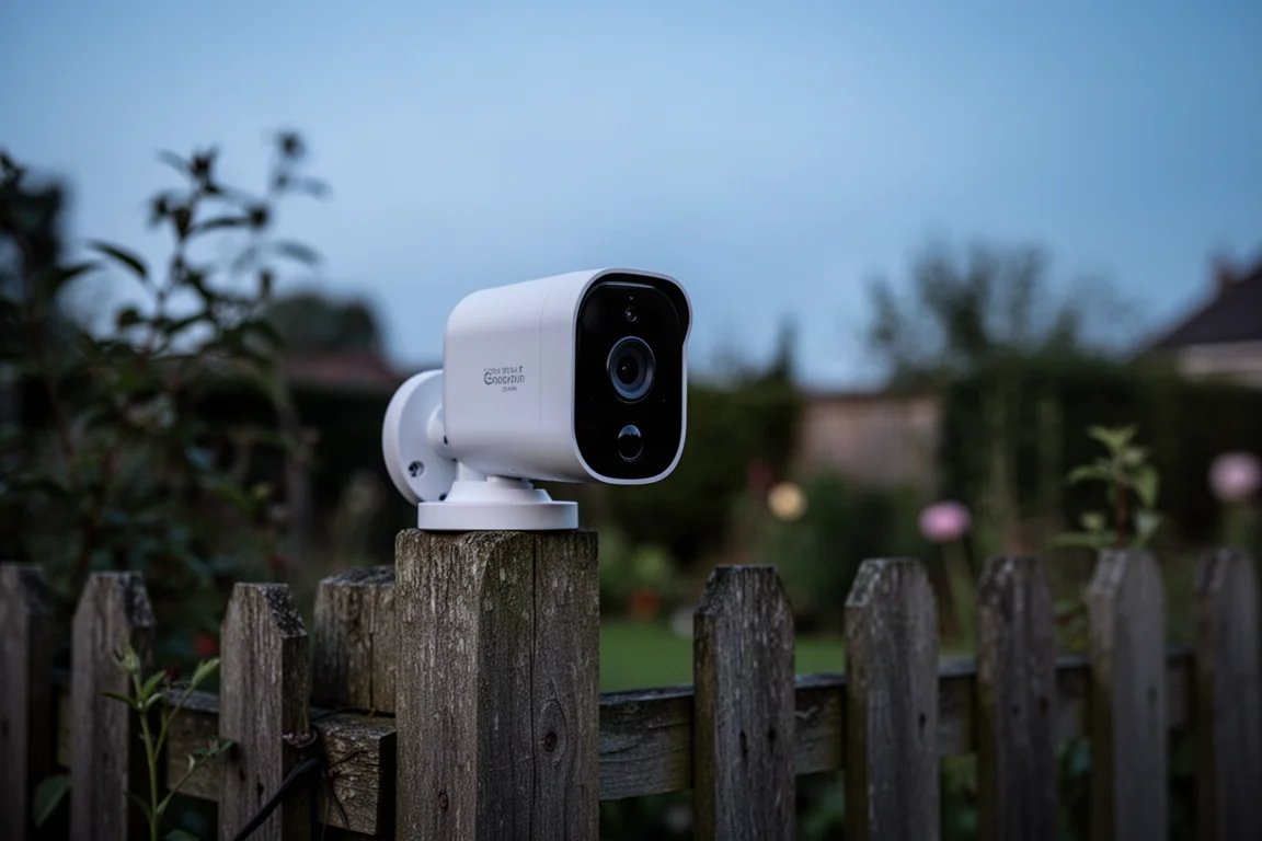 Battery-powered security camera on a garden wall at dusk