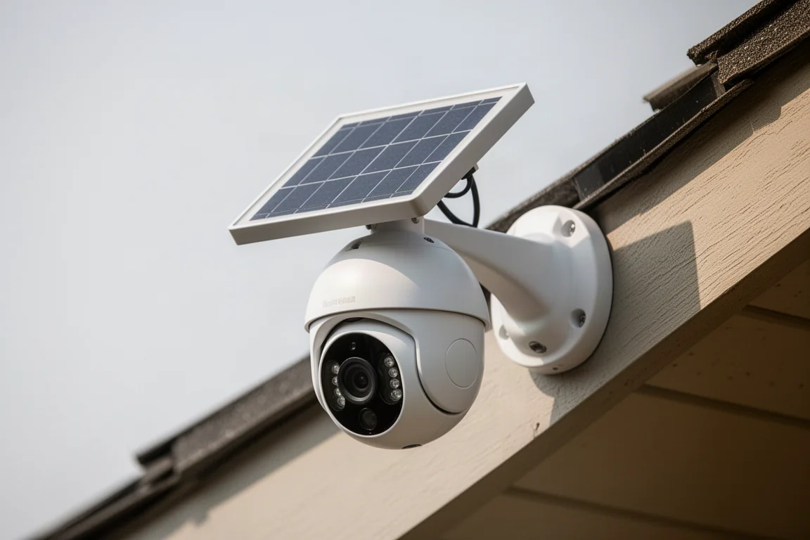 Solar panel on top of a rotating security camera in daylight