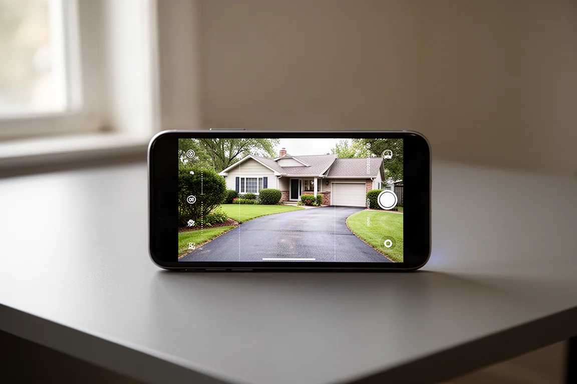 Smartphone screen showing a security camera live view of a driveway