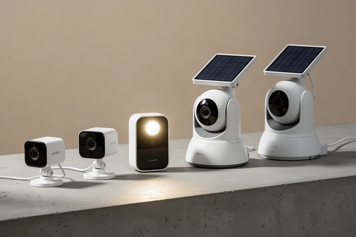 Ten outdoor security cameras of varied designs lined up on a concrete surface