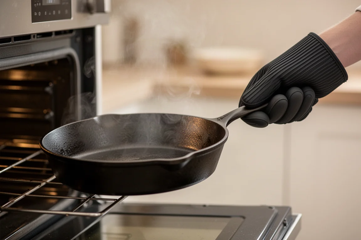 A hand in a silicone oven mitt gripping the handle of a hot cast iron skillet