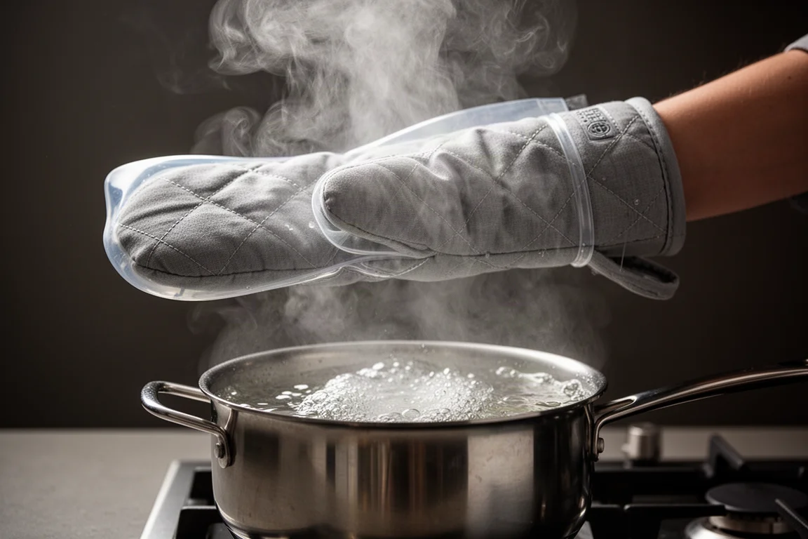 Oven mitt hovering over a pot of boiling water with steam rising