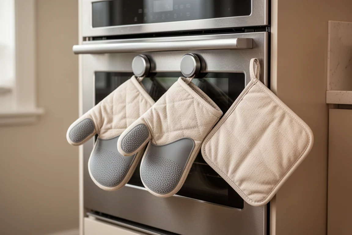 Silicone-palmed oven mitts stuck magnetically to an oven door