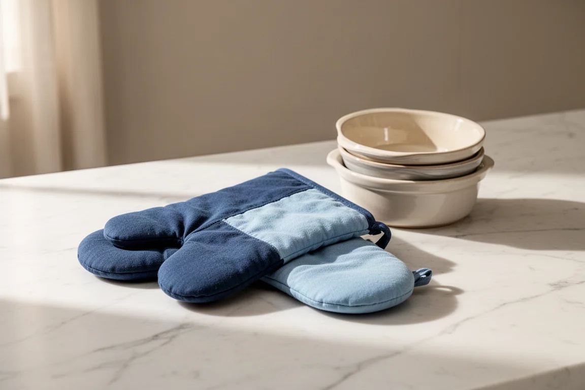 Two-tone blue cotton oven mitts resting on a marble kitchen counter