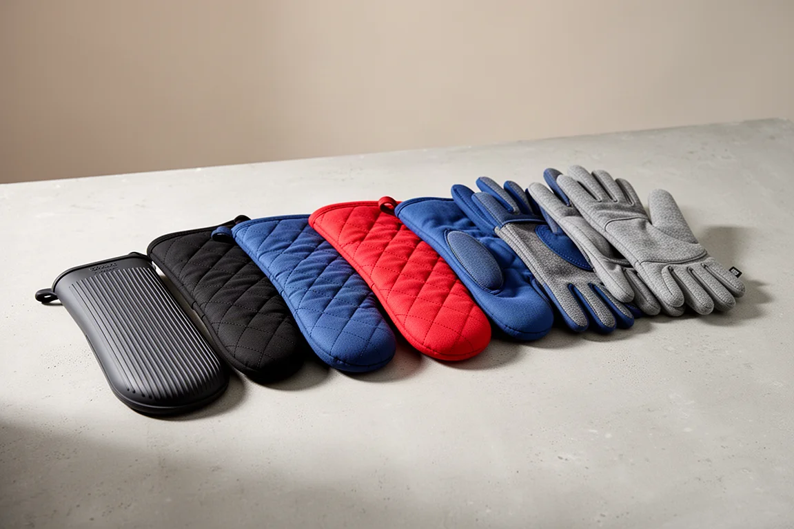 Row of ten assorted oven mitts and heat-resistant gloves on a concrete surface
