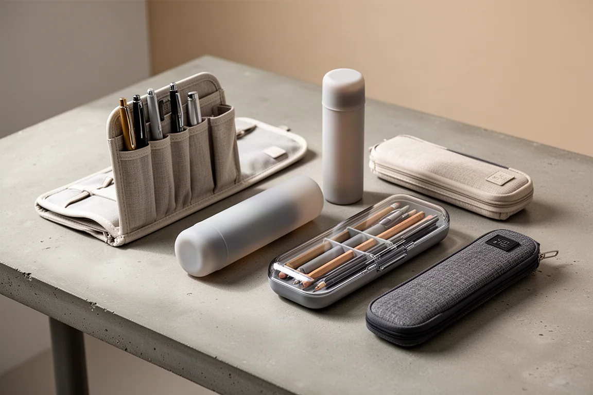 Assorted Japanese pen cases arranged on a concrete desk surface