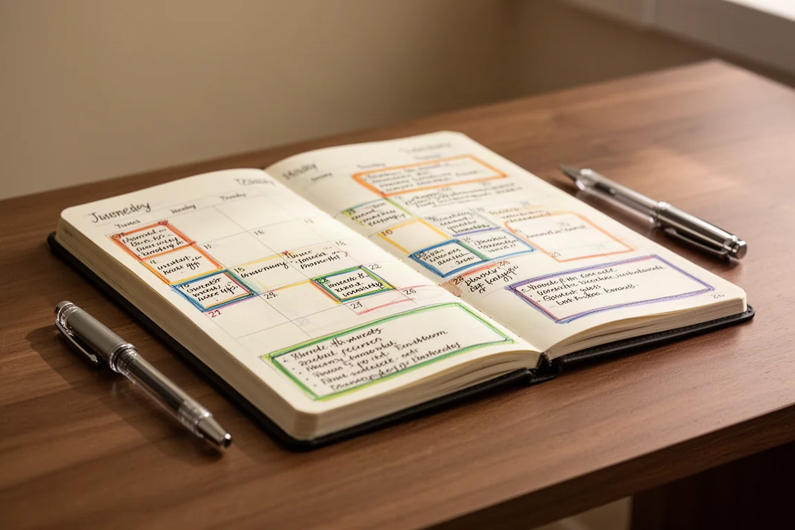 Agenda aberta com bordas coloridas desenhadas à mão e datas do calendário destacadas
