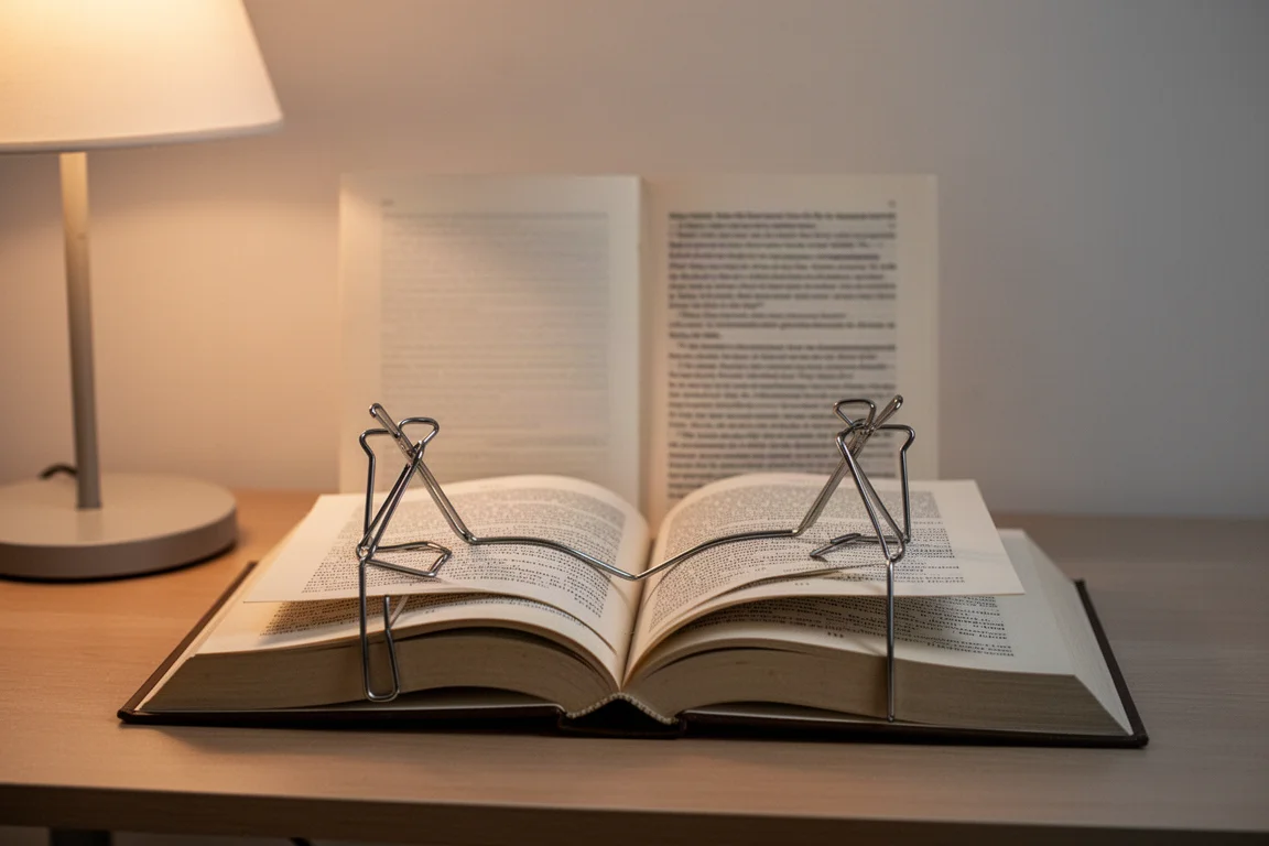 Livro de bolso mantido aberto por um clipe de leitura dobrável sobre uma mesa