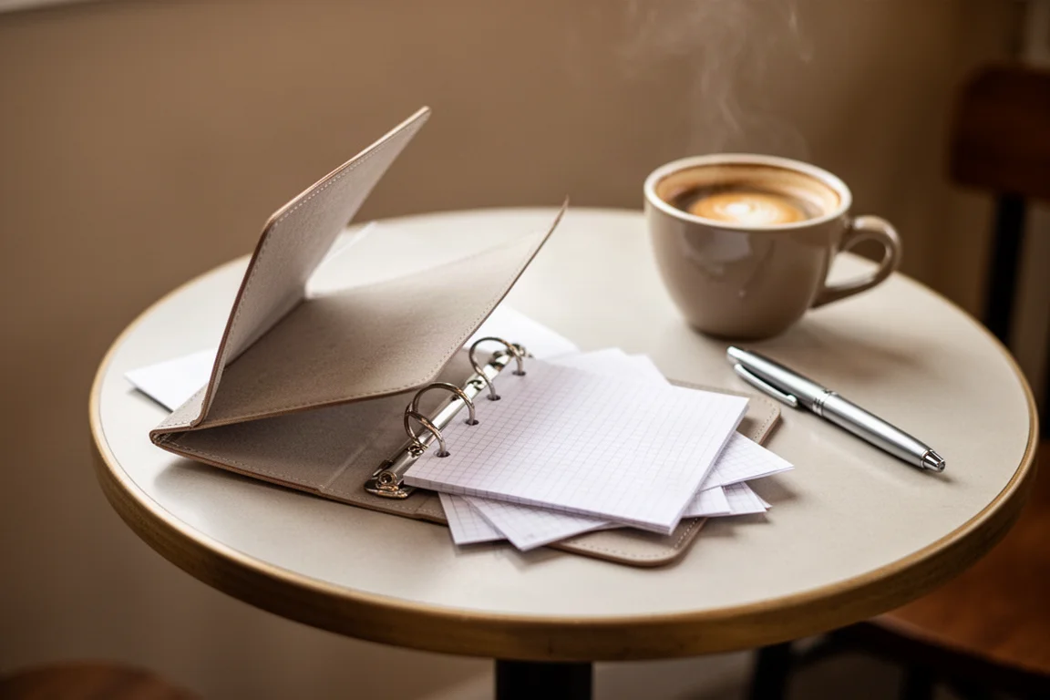 Mini fichário de argolas dobrado para trás enquanto usado em um café apertado