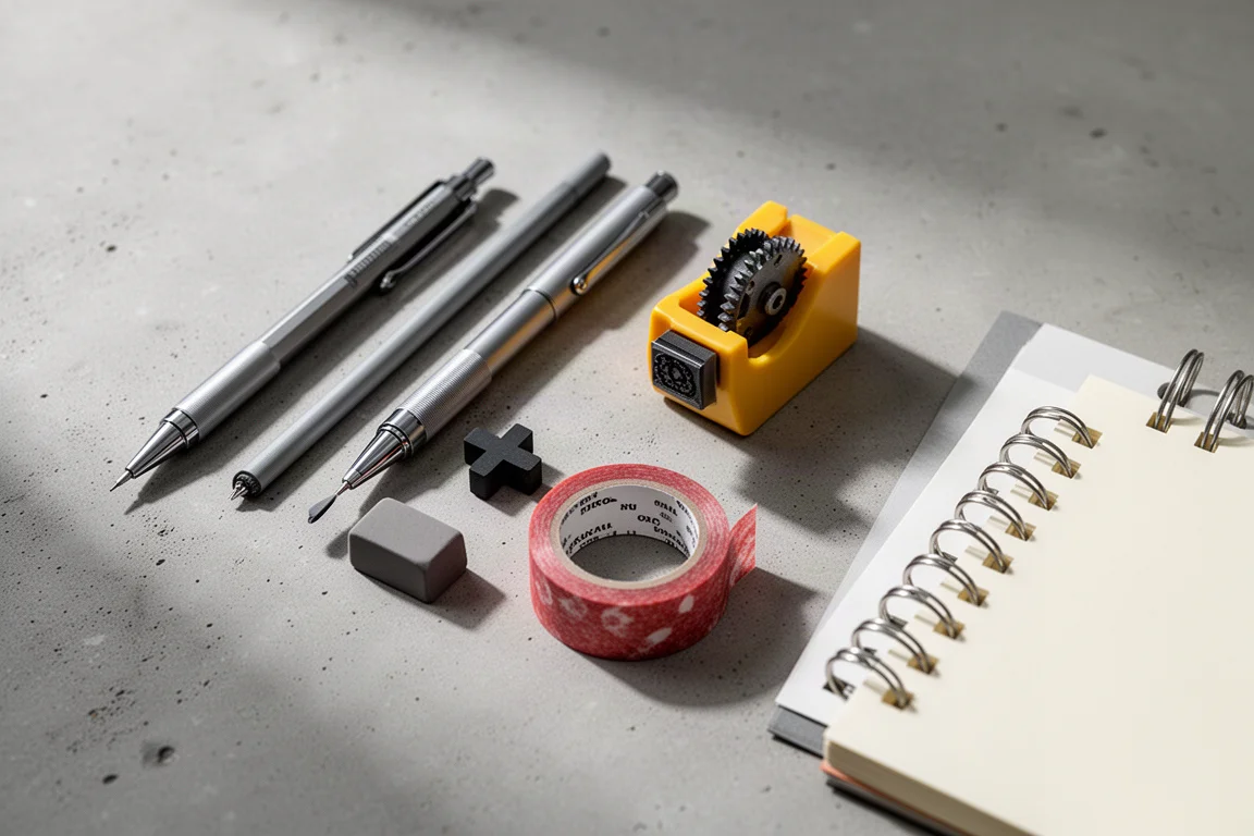 Composizione in orizzontale di cancelleria giapponese con matite, una gomma, un taglierino per nastro e un mini archiviatore