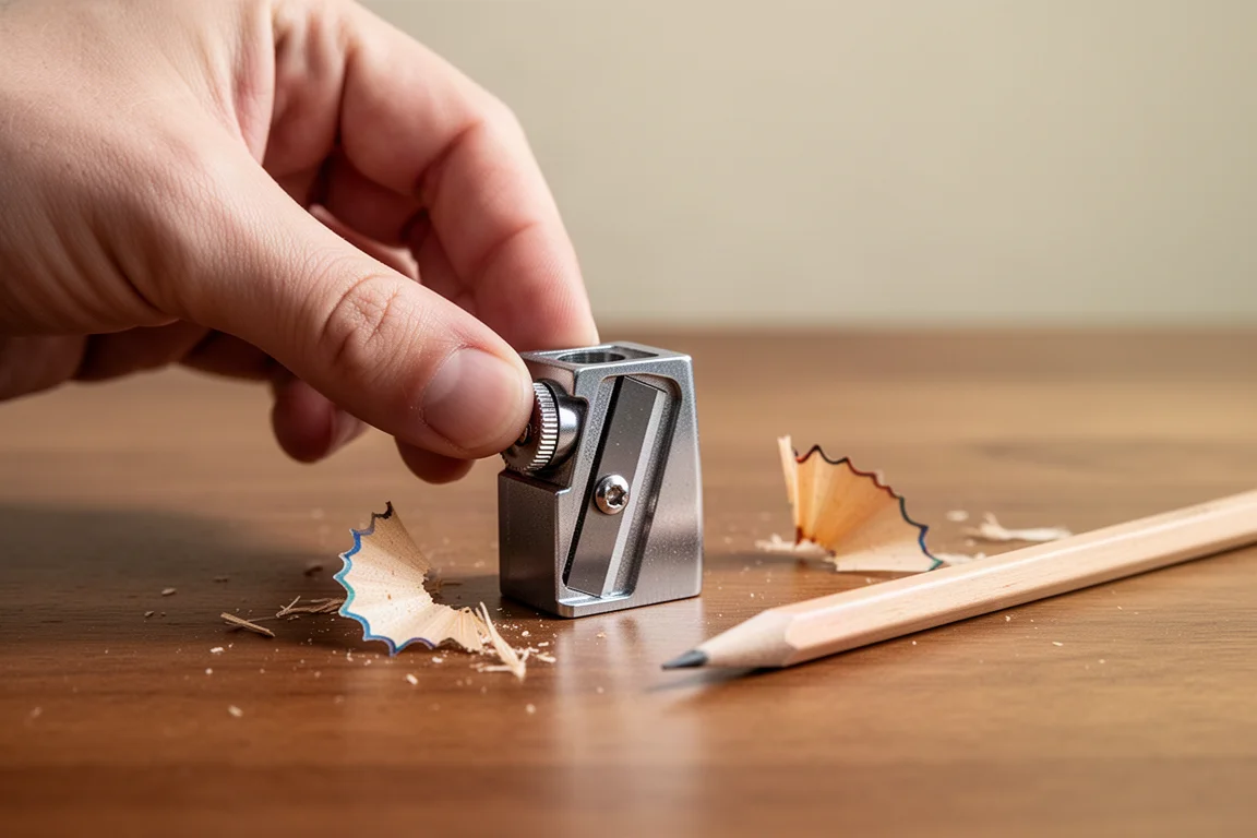 Eine Hand dreht den Einstellring eines kleinen bullet-förmigen Bleistiftspitzers über einem Holzschreibtisch