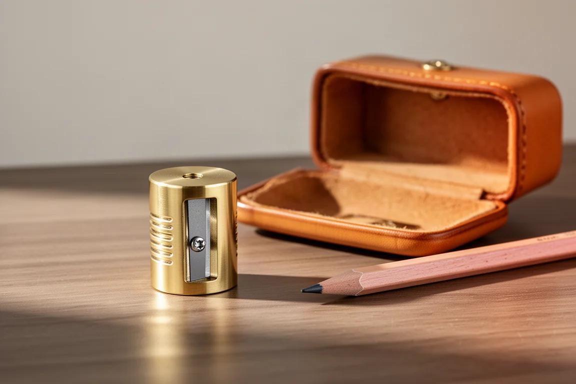 Roh-Messing Bleistiftspitzer mit Patina-Finish und Ledertasche auf einem Schreibtisch