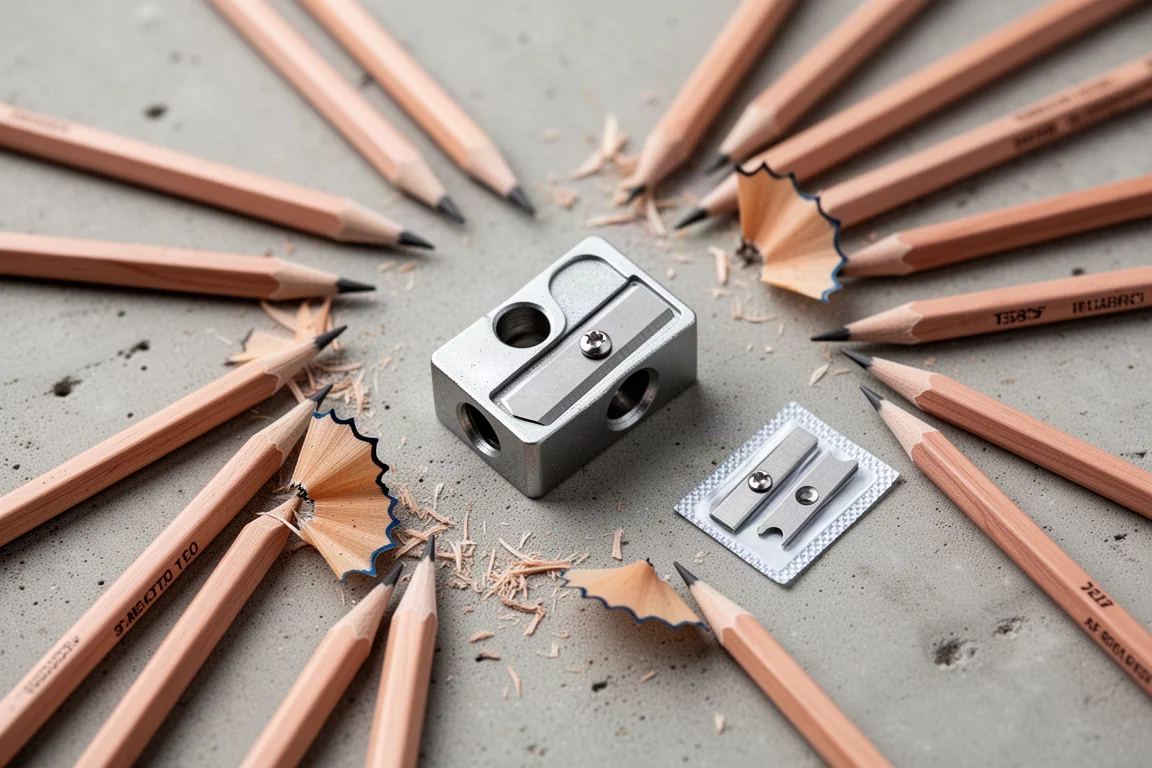 Zweiloch-Metall-Bleistiftspitzer mit Bleistiften und Ersatzklingen auf einem Schreibtisch