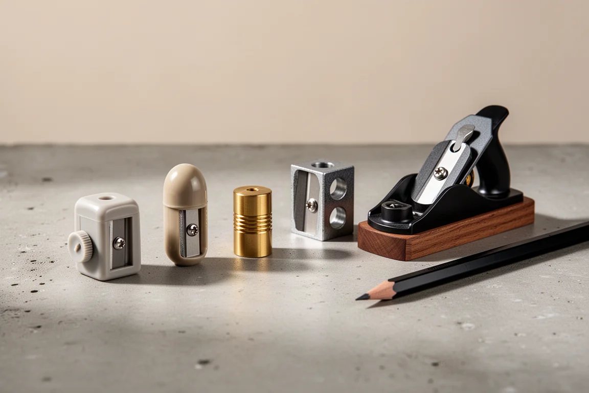 Assortment of pencil sharpeners in plastic, brass, and aluminum on a concrete surface