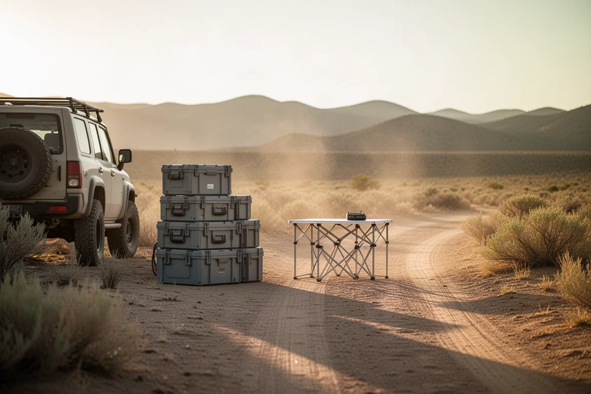 Campamento overland instalado junto a un SUV de uso diario con un toldo dando sombra sobre una silla plegable