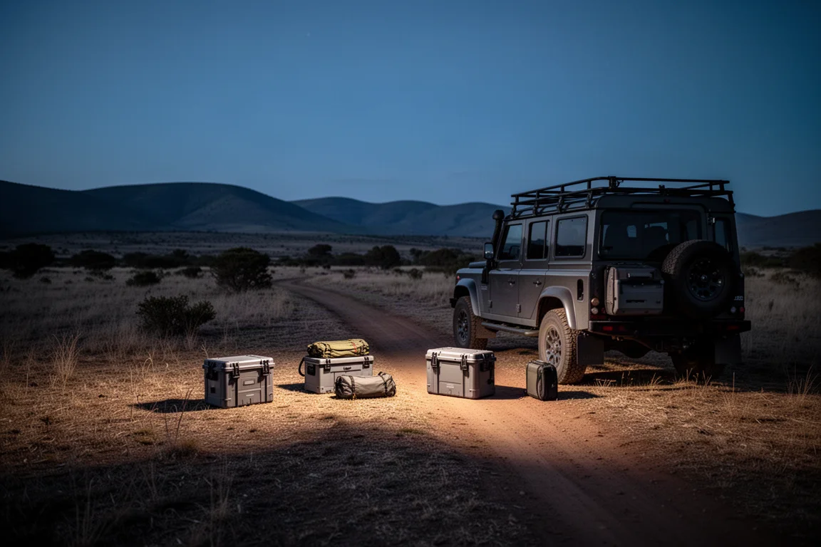 Remote campsite at dusk with a parked vehicle and neatly arranged camp gear