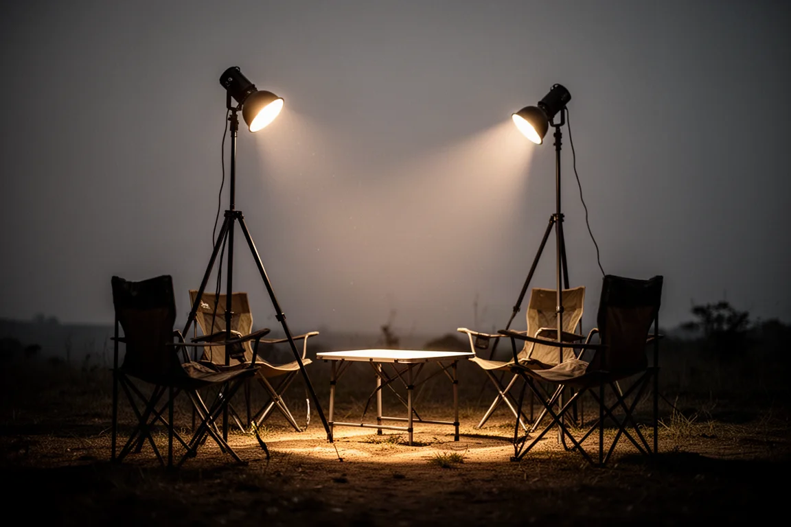 Tripod-mounted camp light casting a wide pool of light over a dark campsite