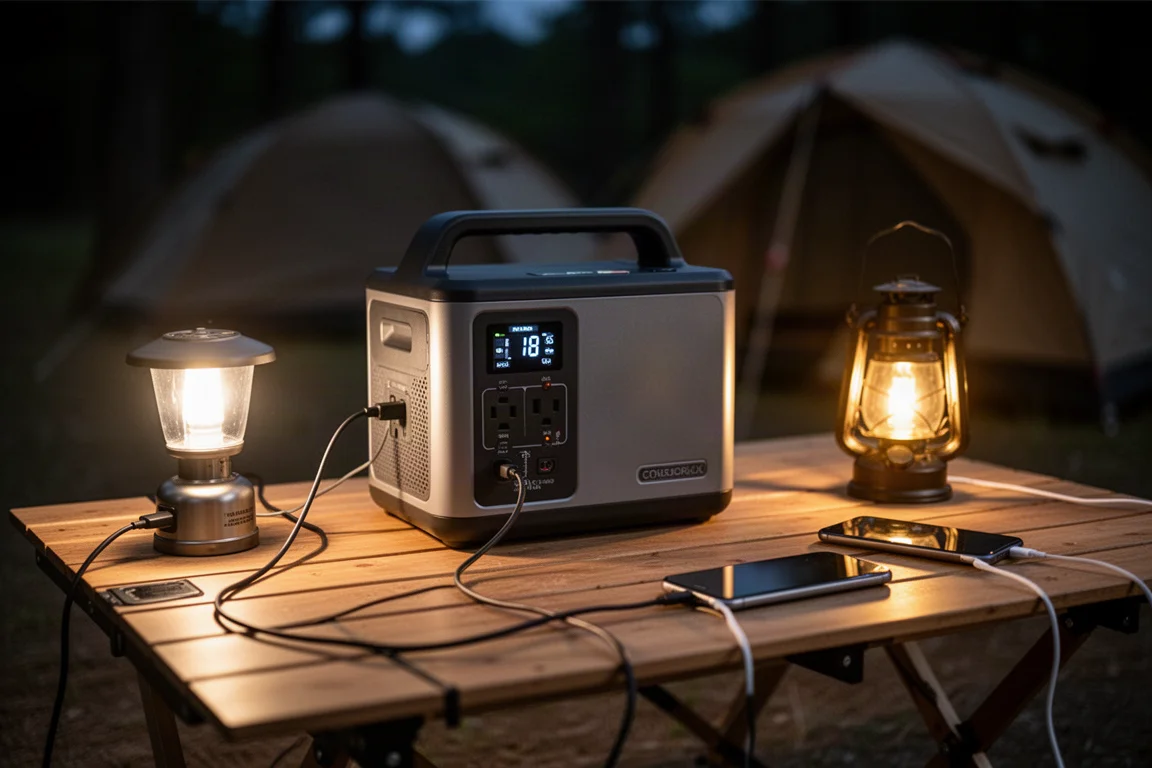 Portable power station on a camp table with cables running to a light and a phone