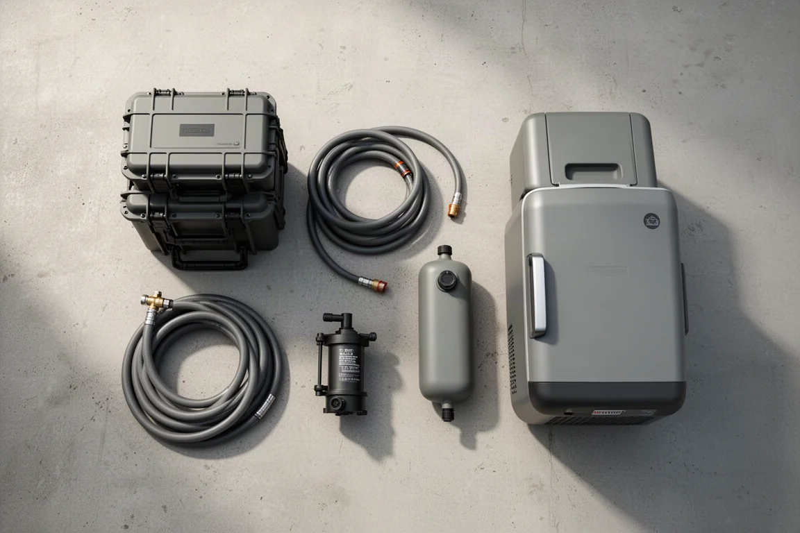 Overhead flat-lay of overland camp gear arranged on a concrete surface