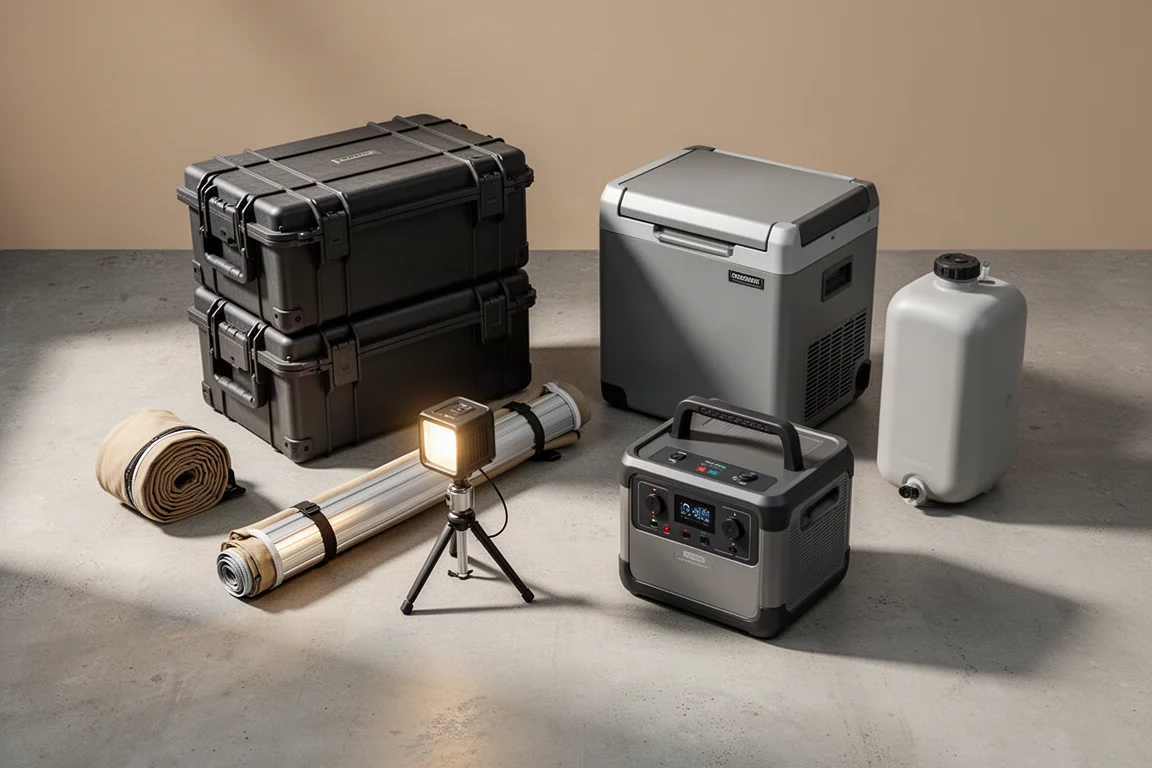 Overland camp gear arranged on a concrete surface including cases, awning, light, fridge, power station and water tank