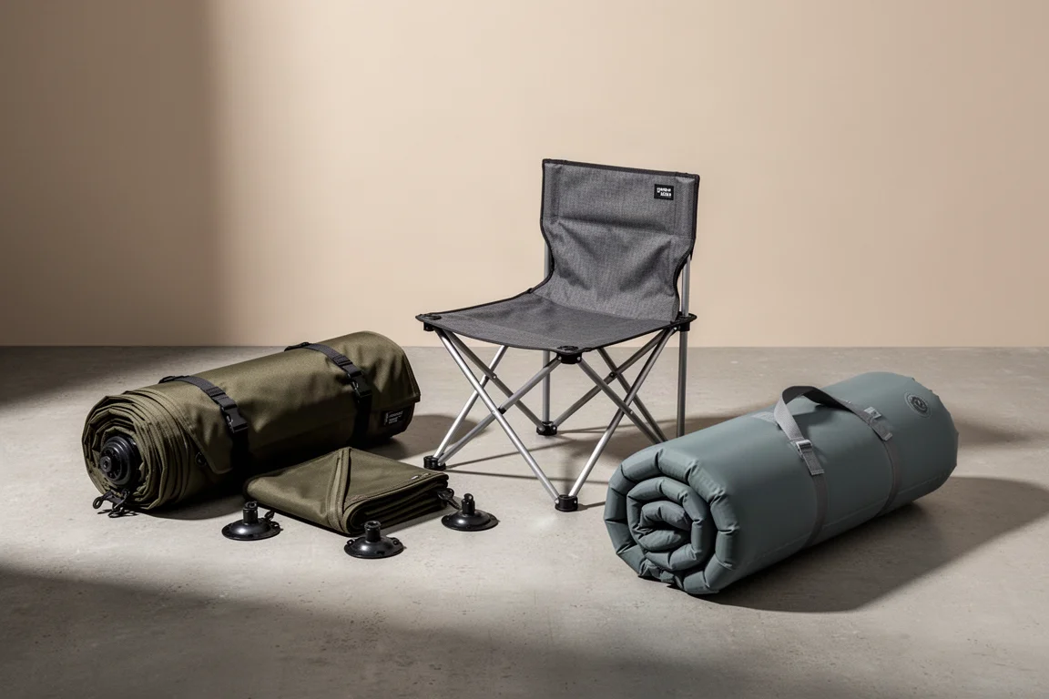Rolled vehicle awning, folding camp chair and air mattress arranged on a concrete surface