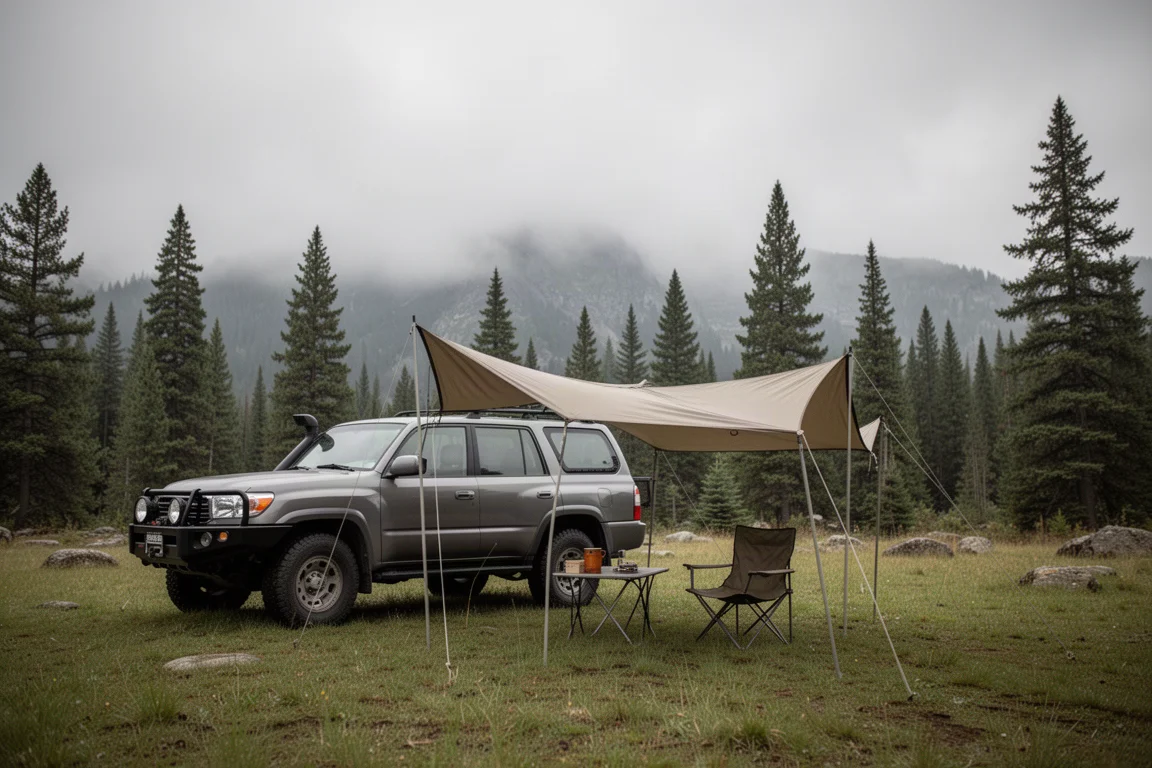 Campement de montagne sous un ciel couvert avec un SUV de série, un auvent installé, une table de camping et une chaise basse sur l'herbe