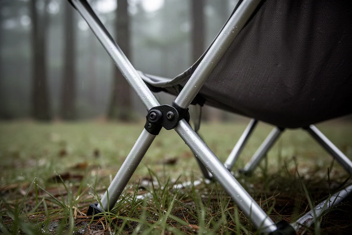 Gros plan sur une articulation de cadre de chaise pliante et son assise en tissu foncé sur l'herbe humide