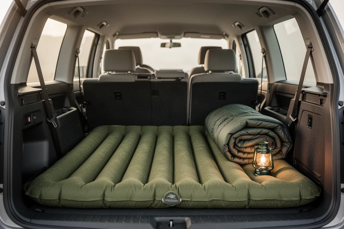 Coffre de véhicule avec un épais matelas gonflable olive, un sac de couchage plié et une petite lanterne