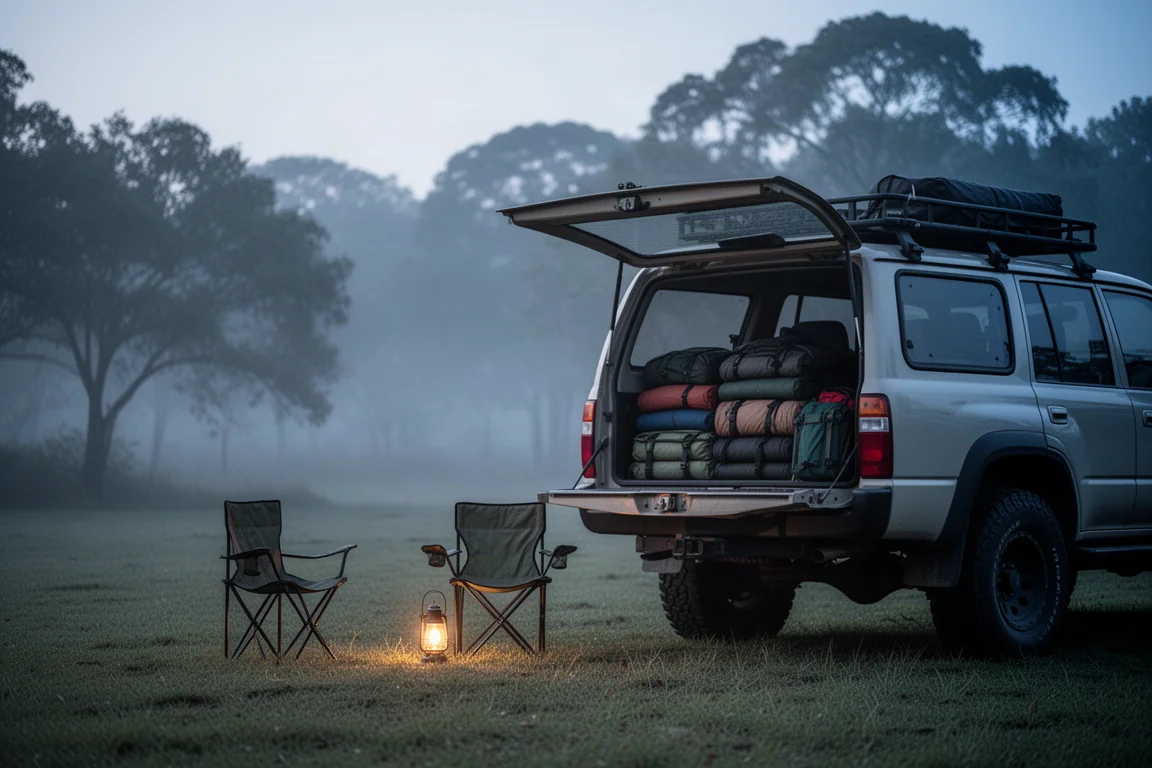 Campement au crépuscule près d'un véhicule de série, rien sur le toit et le matériel empilé à l'intérieur